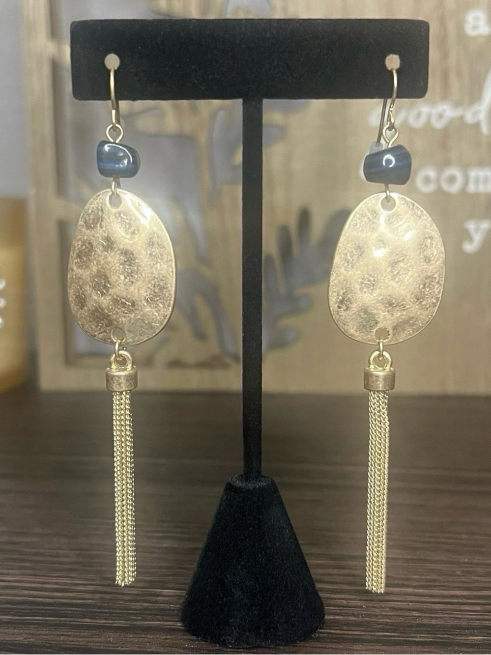 New Chic Boho Gold Hammered Oval Dark Stone Bead Chain Tassel Dangle Earrings